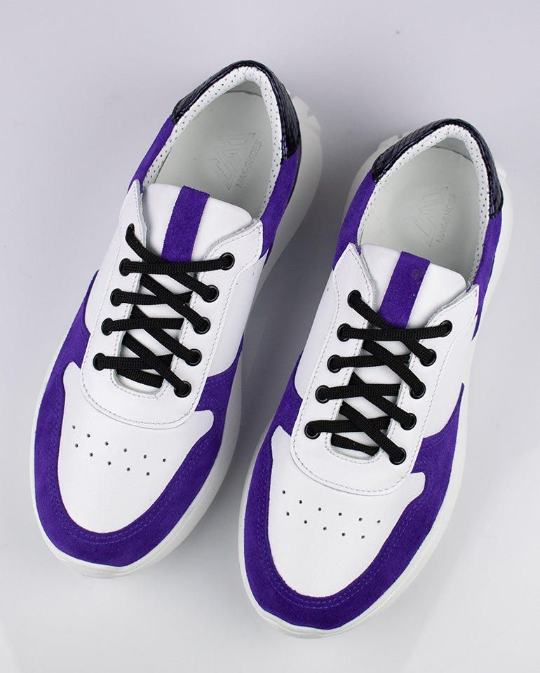 Джия - Естествена кожа в тъмно лилав велур, бяло и змийски принт